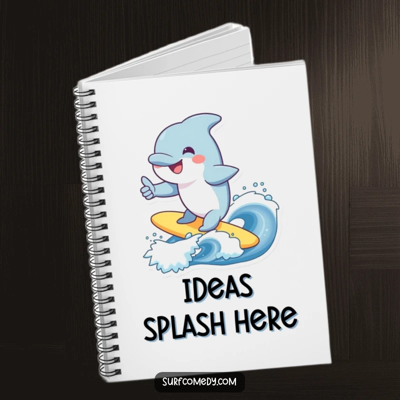 Funny dolphin notebook, smiling character surfing a wave, giving a thumbs up, for notes, ideal funny gift.