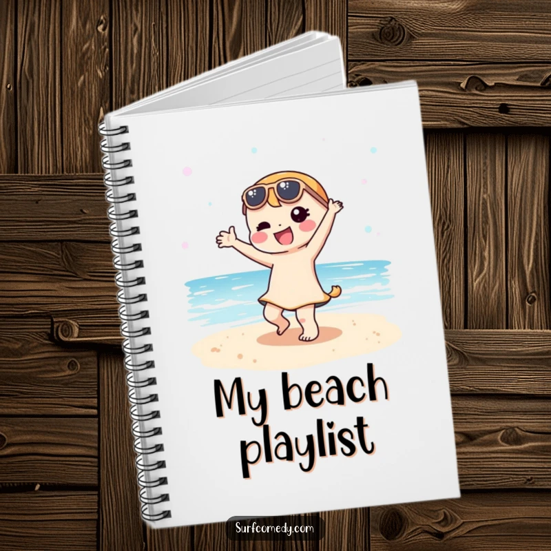 Funny Kawaii character dancing on a sandy beach, perfect for a humorous and inspiring notebook.