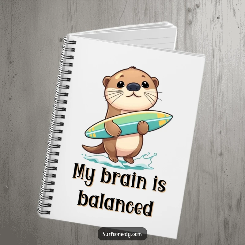 Funny sea otter balancing a surfboard on its nose, ready to jot down notes in this playful and humorous notebook.
