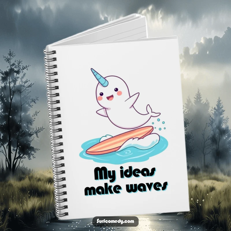 Funny narwhal character surfing a surfboard, ready to capture brilliant ideas in this whimsical notebook.