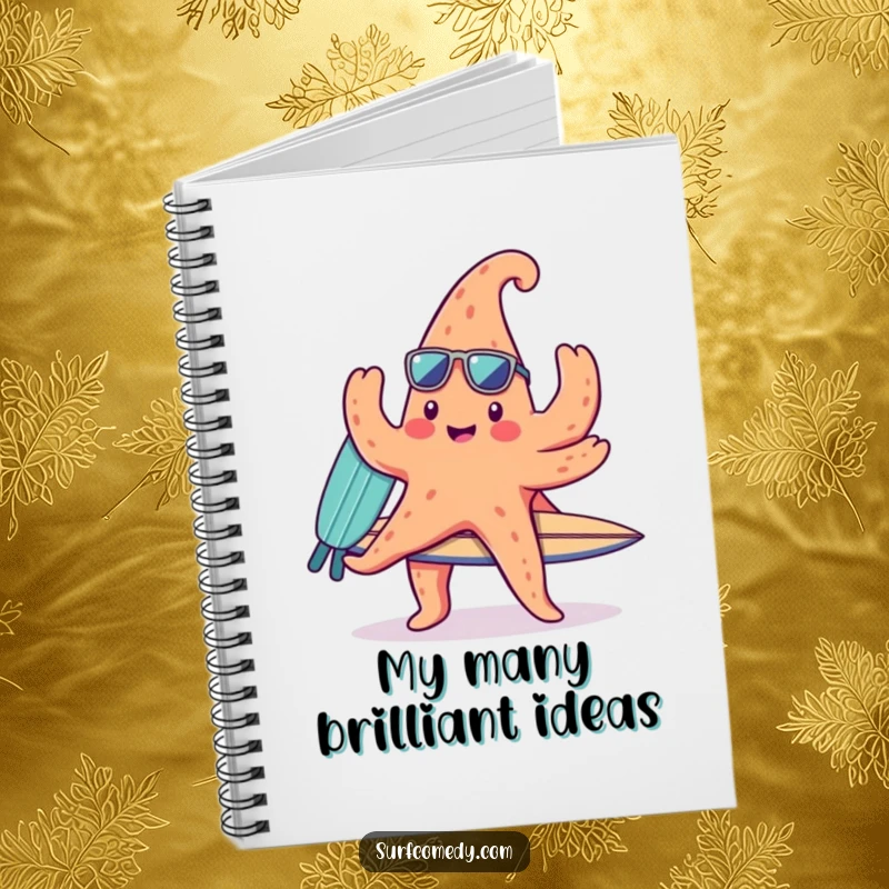 Funny notebook with a cute kawaii starfish character balancing a surfboard on its arms, perfect for jotting down happy thoughts and plans.