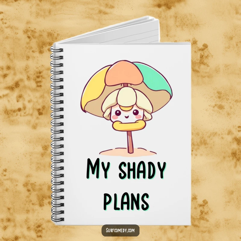 Funny Kawaii character peeking from a beach umbrella on a notebook, ideal for happy thoughts and notes.