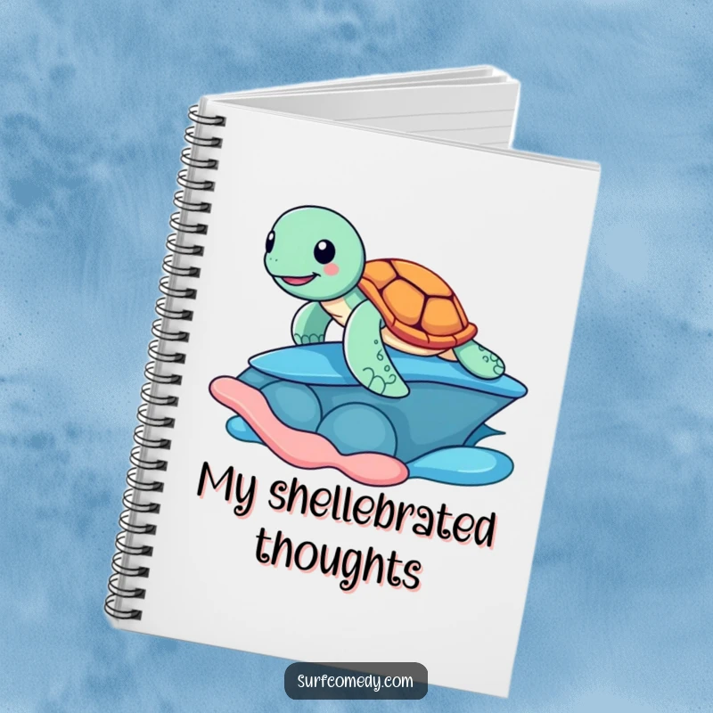 Funny notebook cover showing a cheerful sea turtle surfing on a colorful shell, offering a playful and humorous space for notes and ideas.