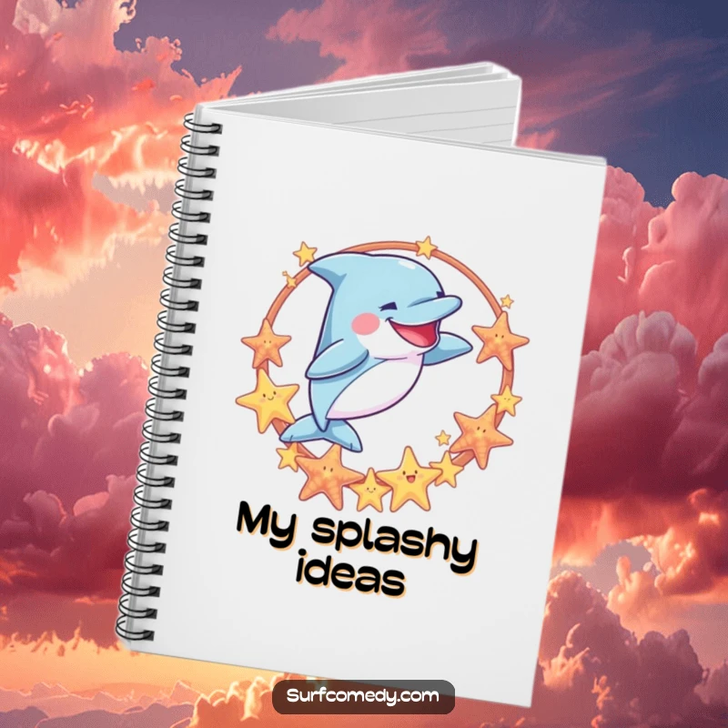 Funny notebook cover showing a goofy dolphin leaping through a sea star hoop, offering a playful and humorous space for notes and ideas.