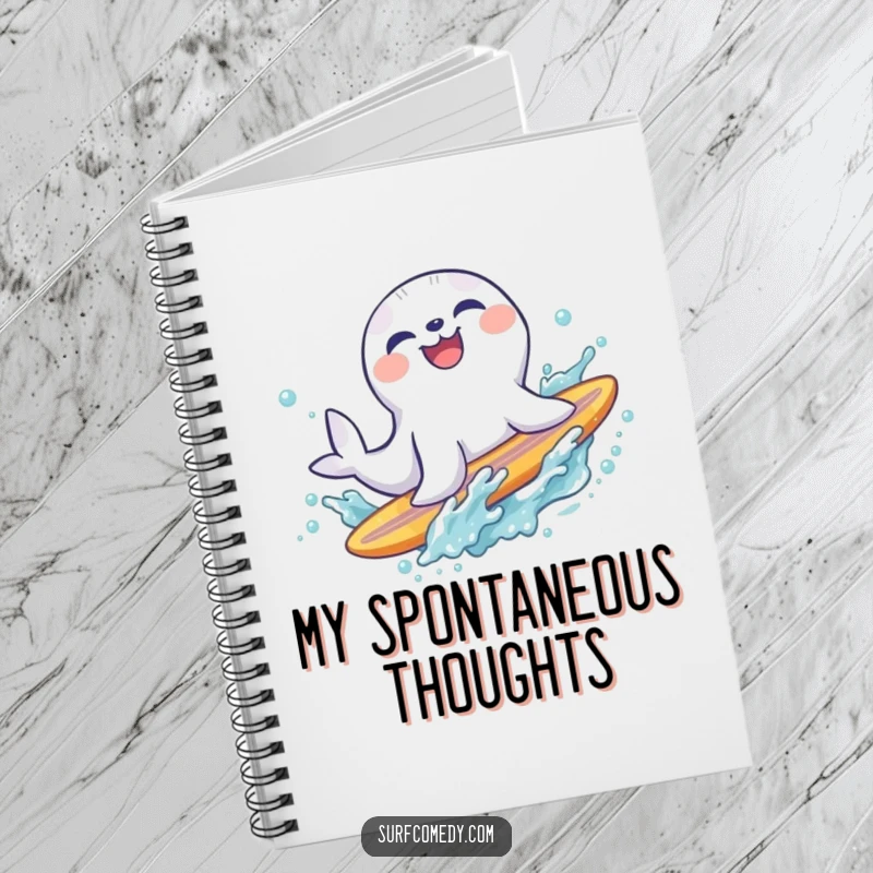 Funny laughing seal character sliding off a surfboard into a refreshing splash, a humorous journal for capturing beachy inspirations.