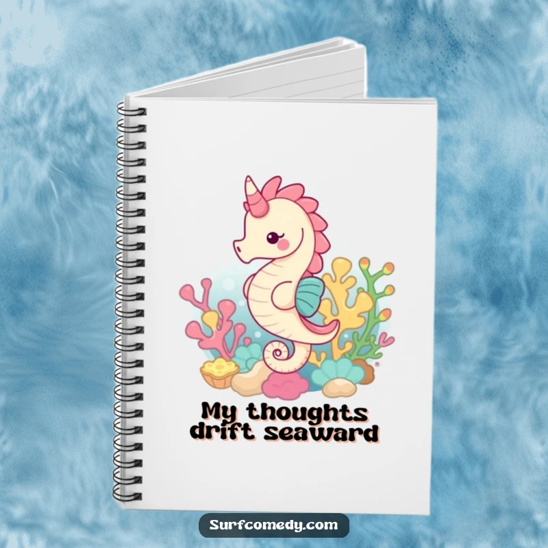 Funny notebook cover with a happy seahorse gracefully swimming through a coral reef, ideal for notes and creative thoughts.