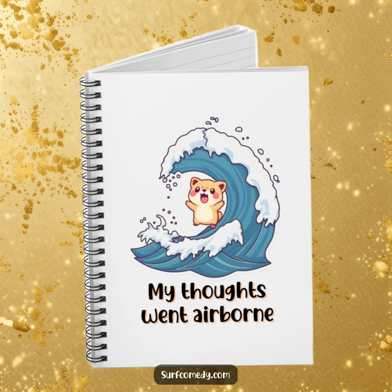 Funny notebook with a surprised animal character tossed into the air by a rogue wave, a humorous journal for unexpected events.
