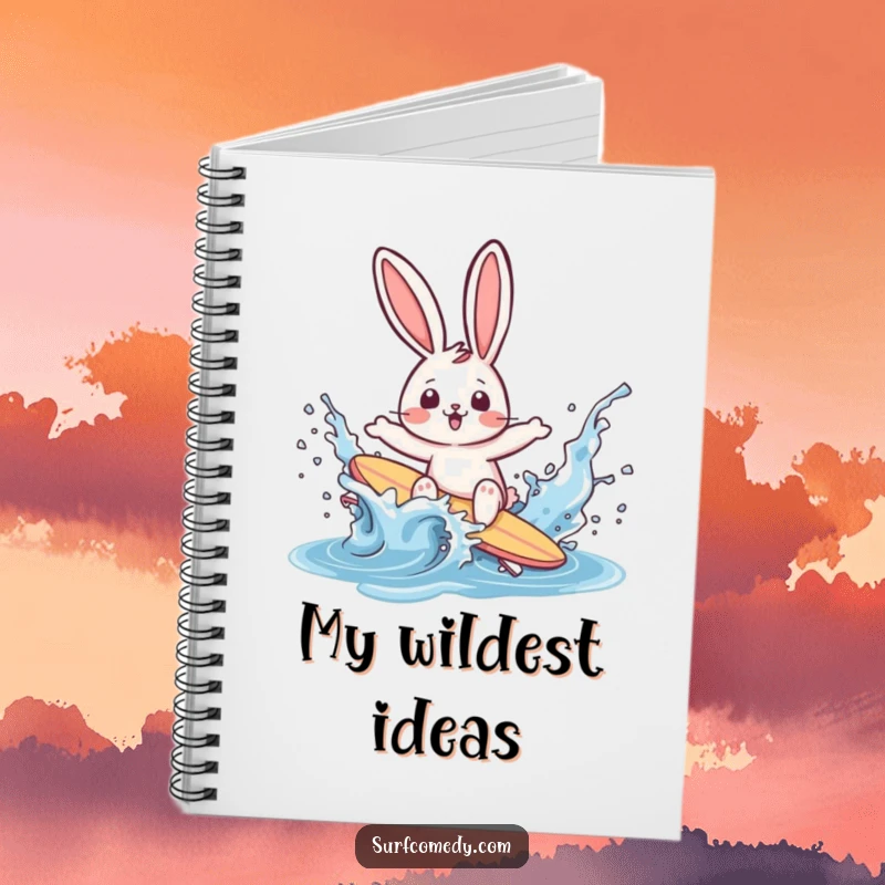 Funny rabbit surfer wiping out in a water splash on a notebook cover, inspiring creative writing and beachy doodles.