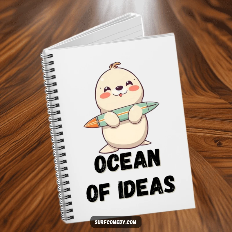 Funny notebook cover featuring a smiling seal balancing a surfboard on its nose, ready for notes.