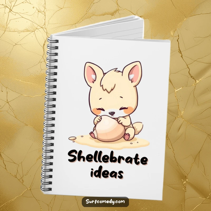 Funny notebook featuring a curious animal character inspecting a seashell on a beach, perfect for writing and sketching.