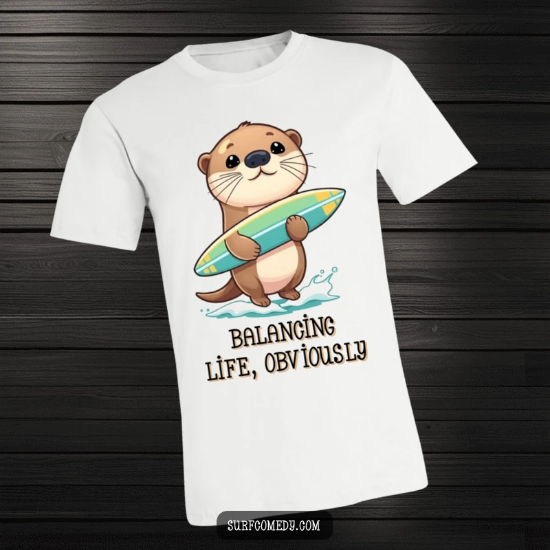 Funny sea otter balancing a surfboard on its nose, looking playful and talented, a hilarious beach-themed t-shirt.