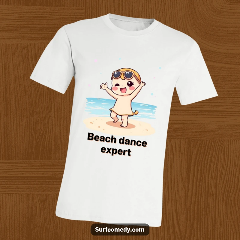 Funny Kawaii character performing a silly dance on a sandy beach, showcased on a fun and humorous t-shirt.