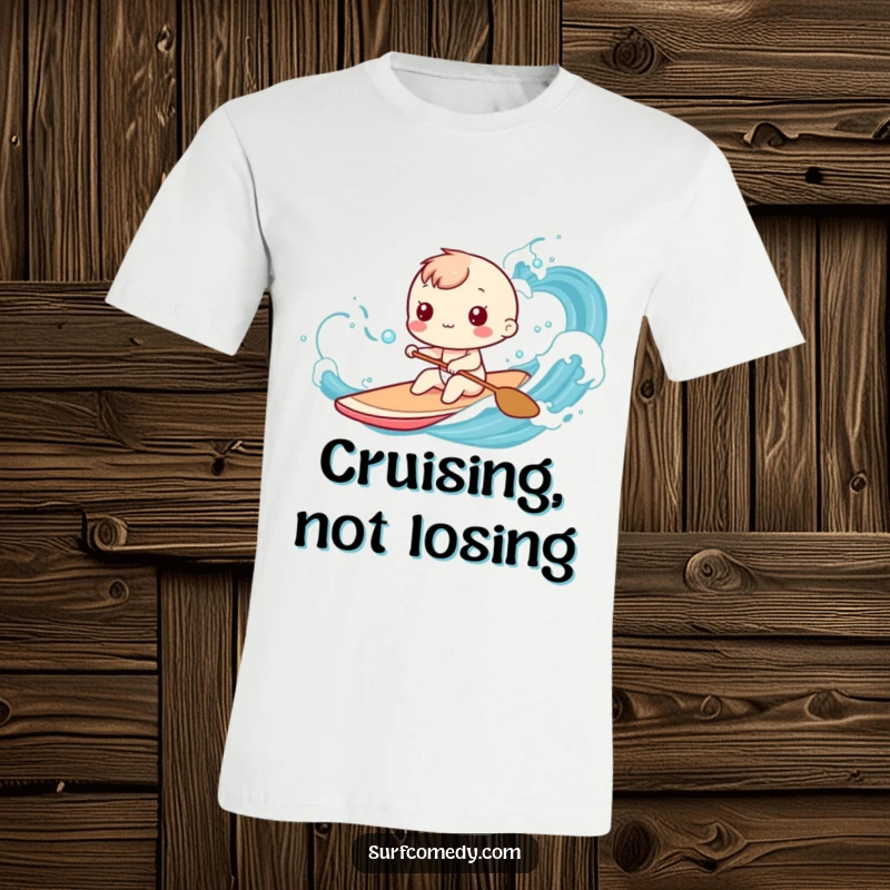 Funny Kawaii character t-shirt depicting playful paddling through stylized ocean waves, ideal for a funny beach gift.