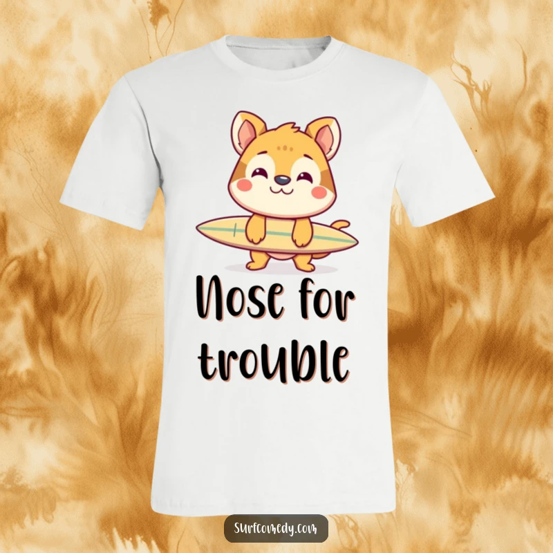 Funny t-shirt with a cheerful animal grinning while balancing a surfboard on its nose, showcasing impressive and humorous coordination.