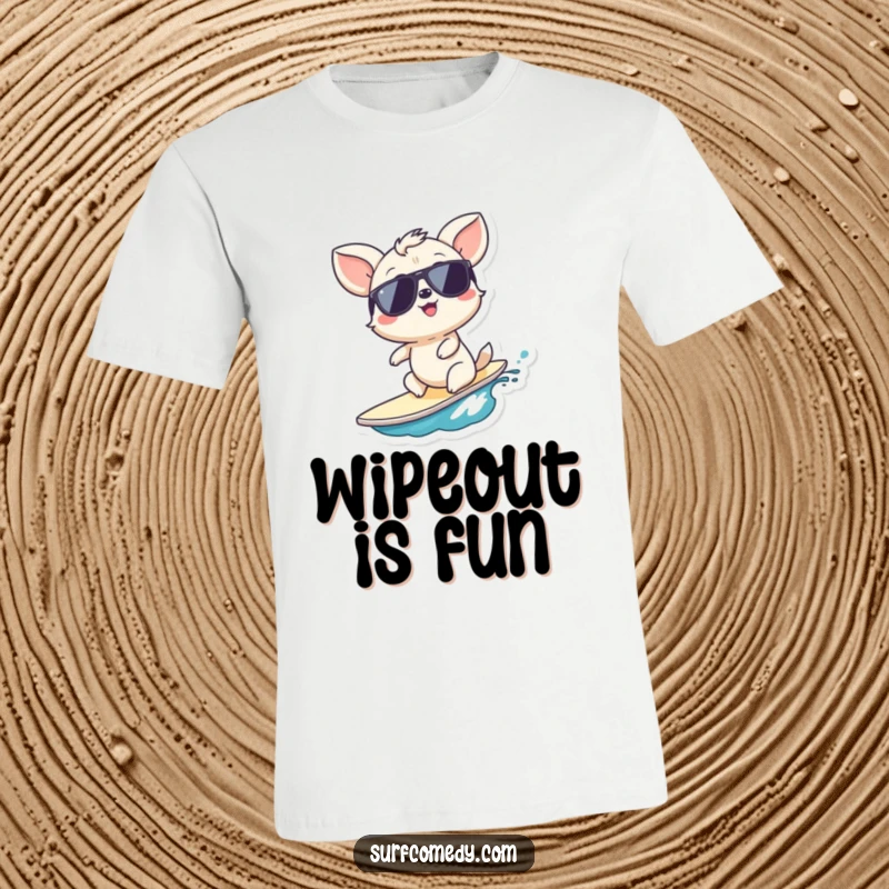 Funny beach animal t-shirt, a giggling animal wearing sunglasses riding a tiny wave, pure summer fun, a great funny gift.