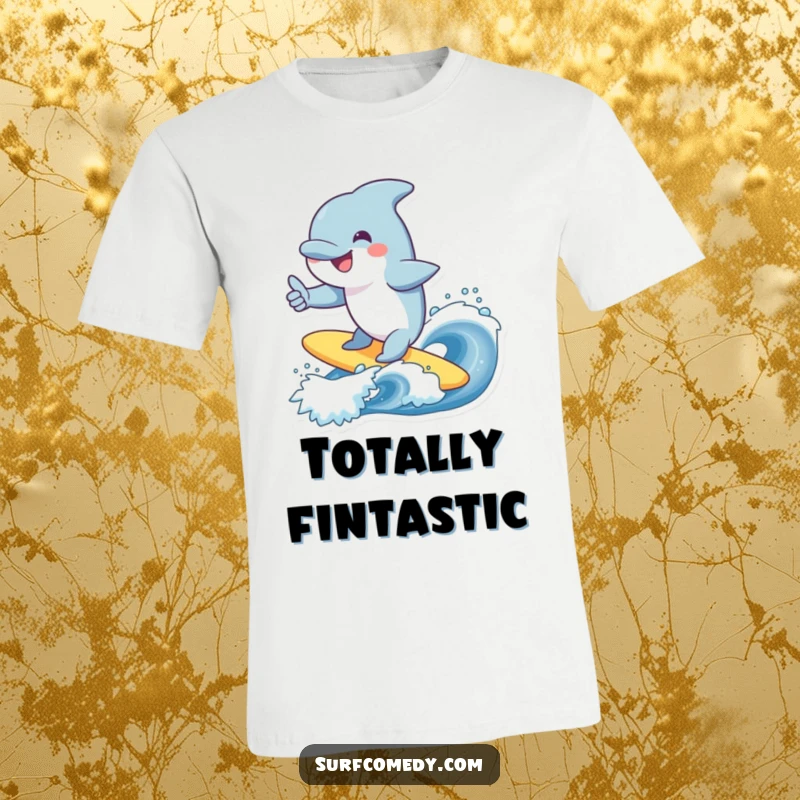 Funny dolphin t-shirt, smiling character surfing a wave, giving a thumbs up, cheerful ocean theme, perfect funny gift.
