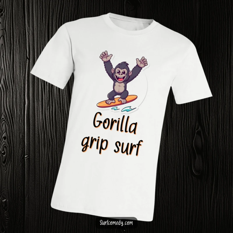 Funny Gorilla Surfer T-Shirt: A joyful gorilla strikes a victorious pose on a surfboard, arms raised high, celebrating a successful ride.