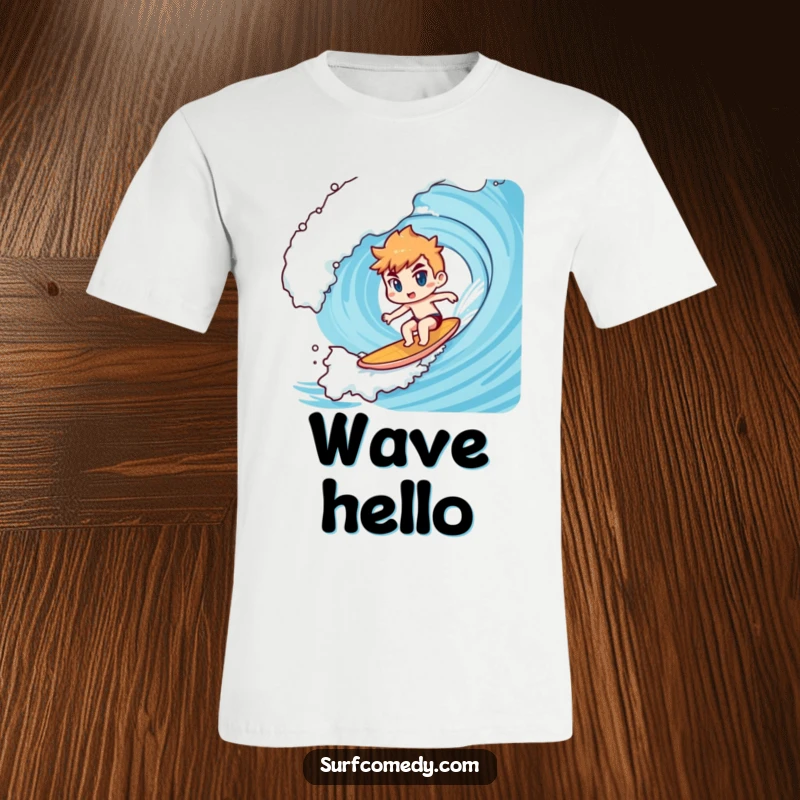 Funny Kawaii character t-shirt depicting determined surfing on a giant wave, ideal for a funny extreme sports gift.