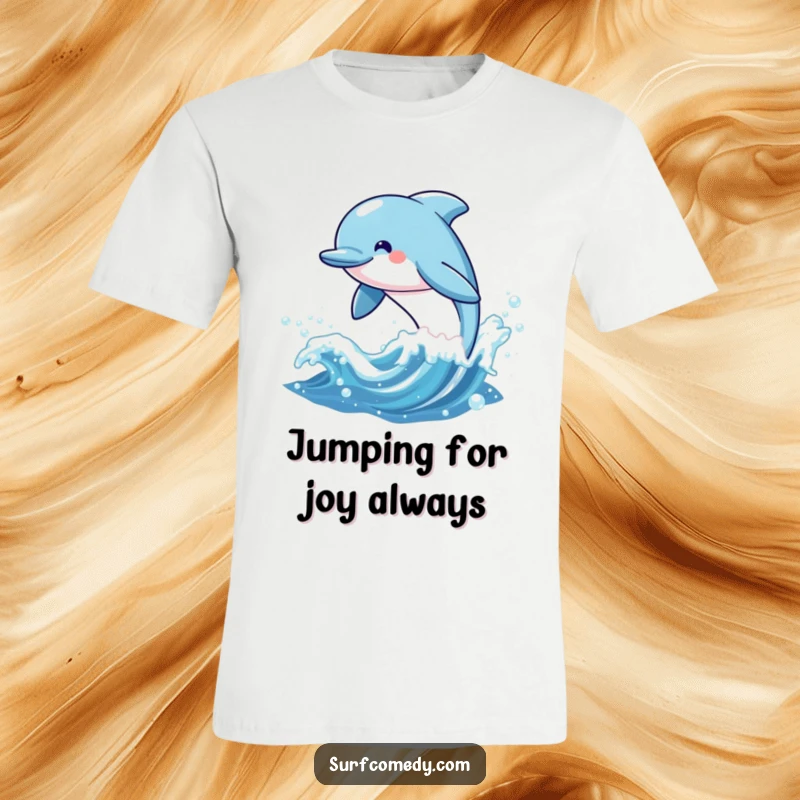 Funny t-shirt showcasing a cheerful kawaii dolphin character leaping from a sparkling wave, perfect for ocean lovers and playful vibes.