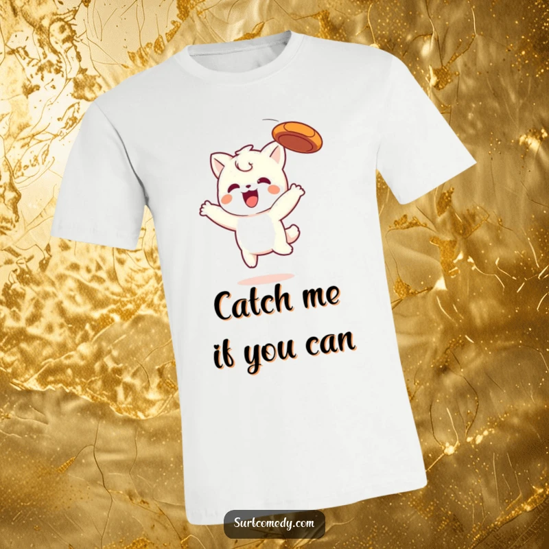Funny Kawaii t-shirt featuring a joyful character in mid-air, expertly catching a frisbee, radiating pure happiness.