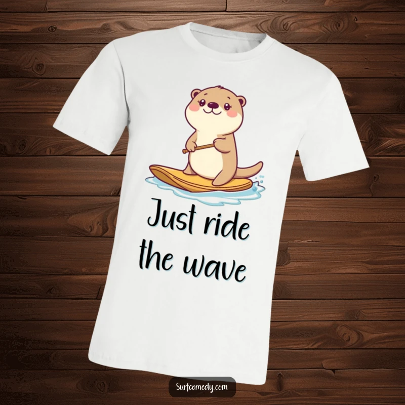 Funny kawaii sea otter character paddling a board with great energy, embodying a cheerful and active spirit.