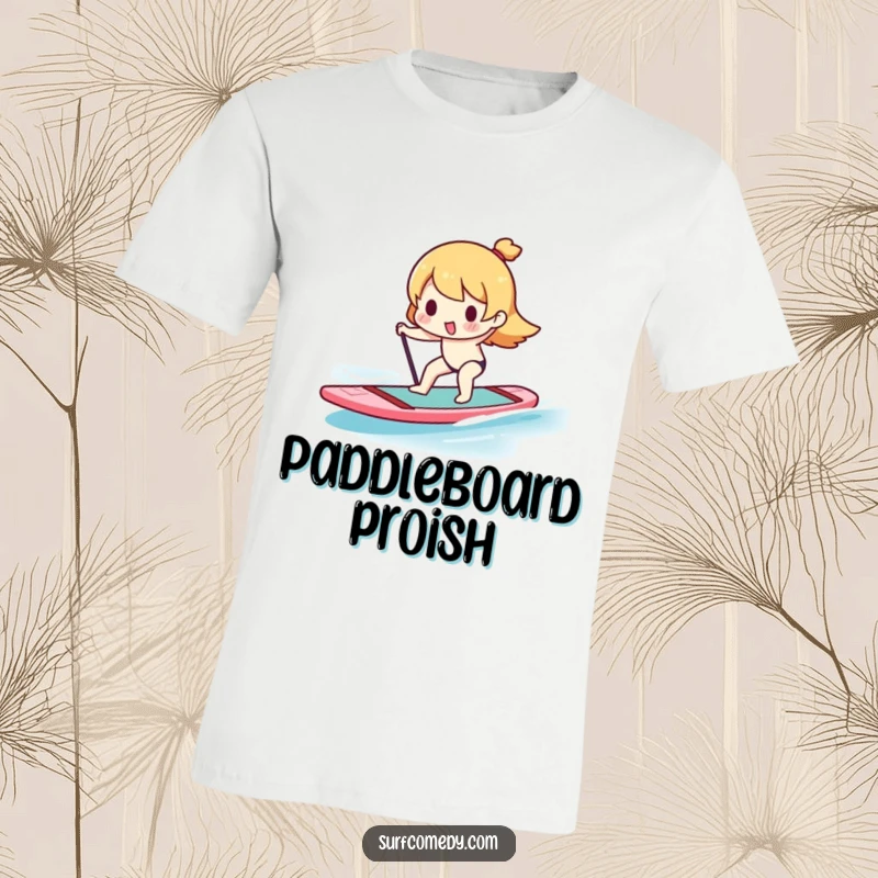 Funny Kawaii character attempting to balance on a paddleboard, looking comical and fun on a t-shirt.