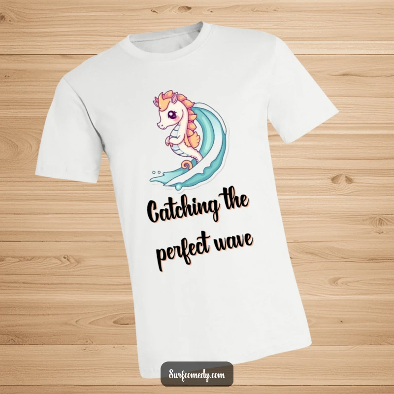 Funny t-shirt showcasing a cute kawaii seahorse gracefully riding a powerful curling ocean wave, embodying pure aquatic joy.