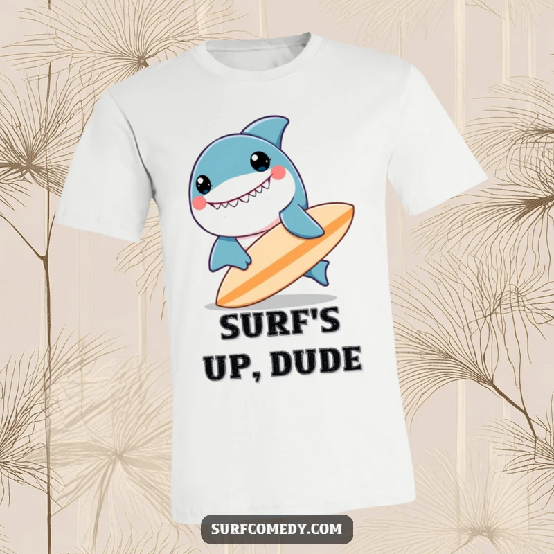 Funny kawaii shark character with a huge smile, gently pushing a surfboard, perfect for a funny t-shirt.