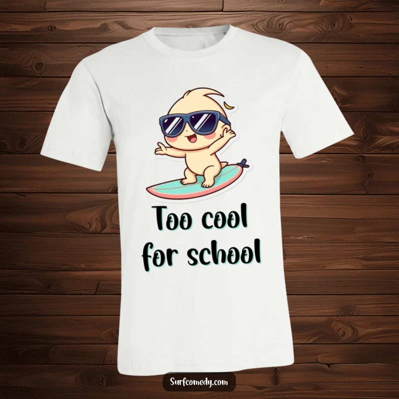 Funny Kawaii t-shirt featuring a character with sunglasses striking a cool pose on a surfboard, exuding ultimate beach style.