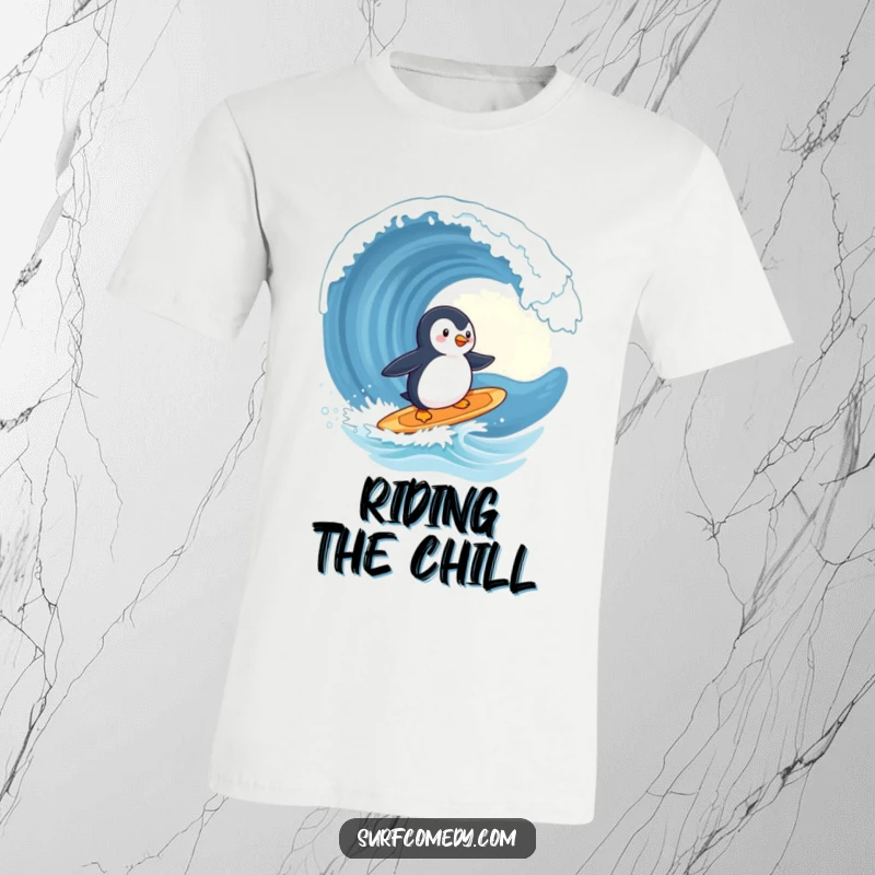 Funny penguin t-shirt, cute character surfing a surfboard, heading towards a giant ocean wave, beach fun, perfect funny gift.