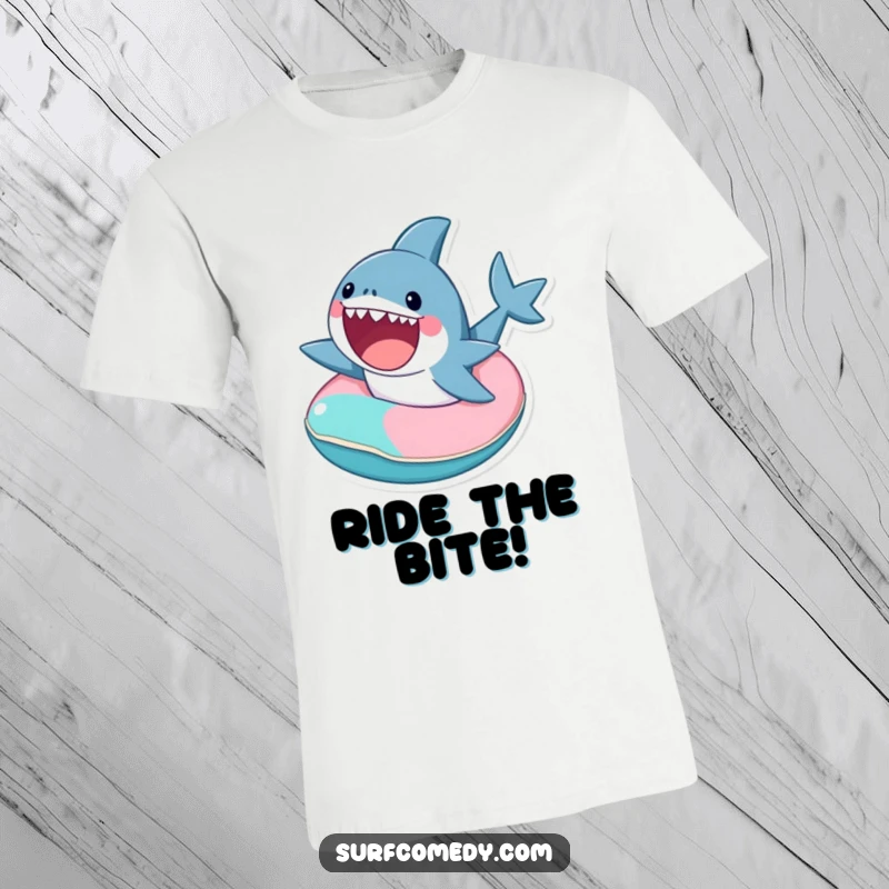 Funny cute shark excitedly riding a tiny, colorful inner tube, printed on a t-shirt.