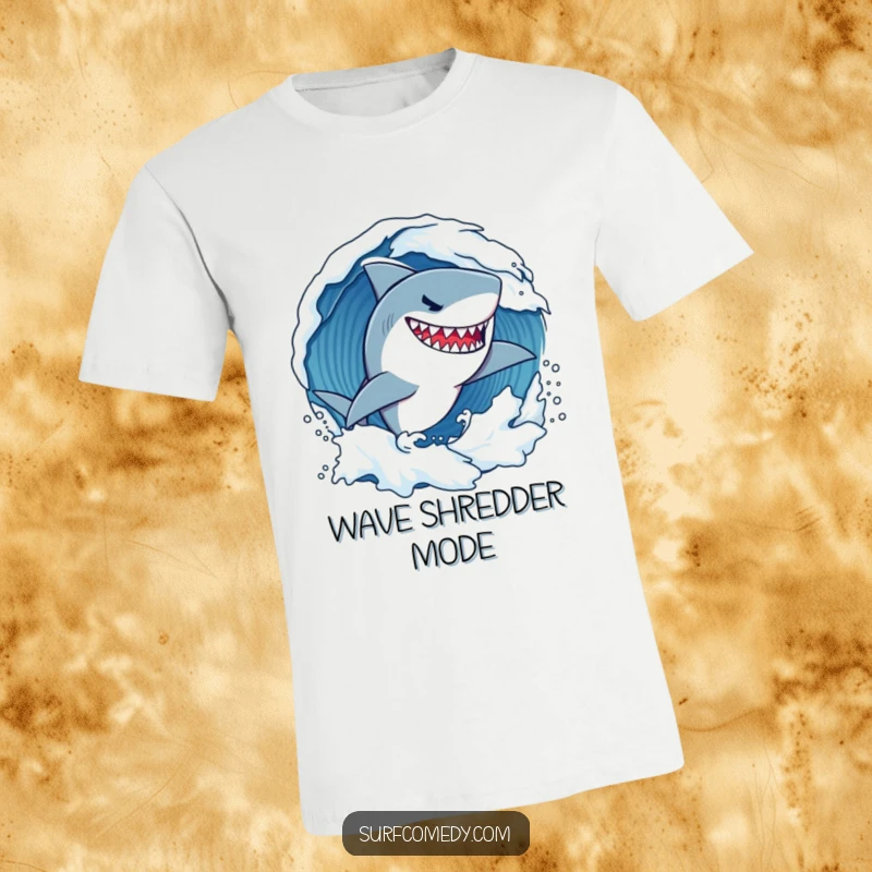 Funny determined shark character fiercely carving through a wave with a confident grin, expressing boldness and ocean power.