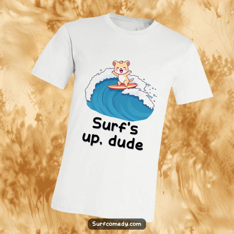 Funny t-shirt design of a happy animal character riding a surfboard with glee over a huge ocean wave.