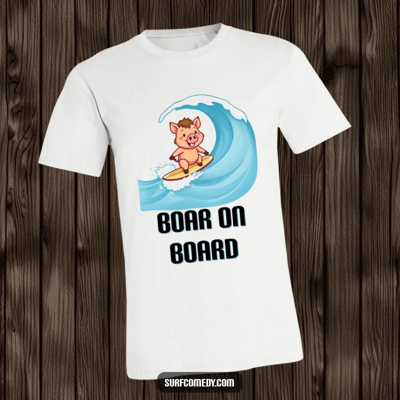 Funny Surfer Boar T-Shirt: A happy boar character expertly riding a curling wave with a massive smile.