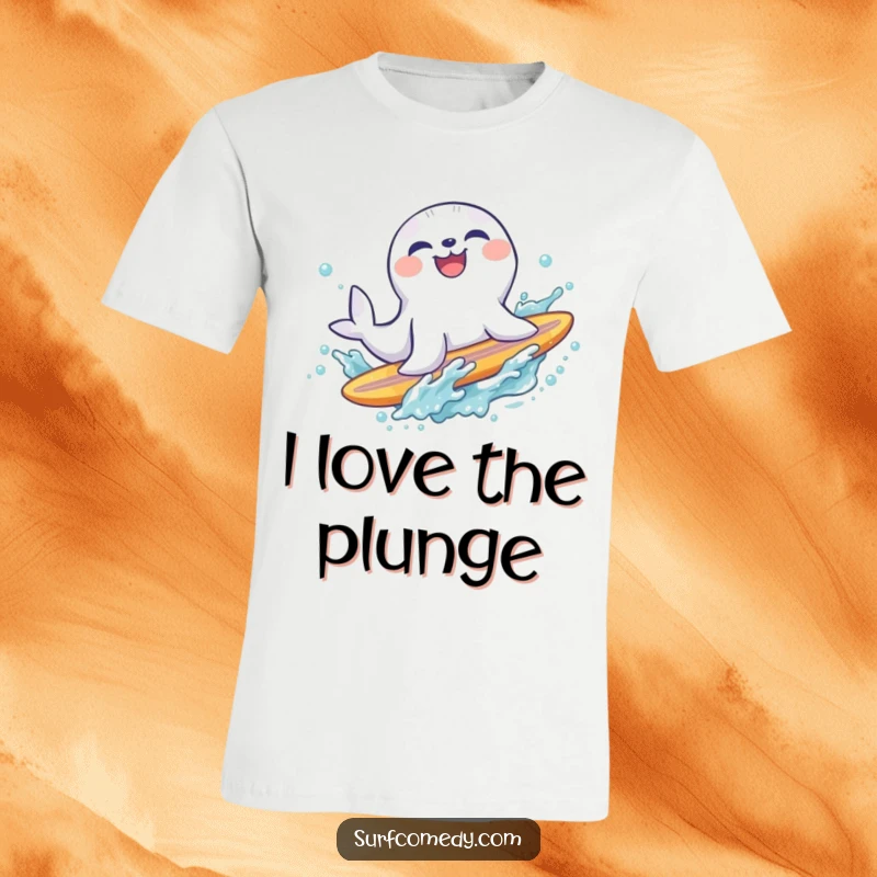 Funny laughing seal character sliding off a surfboard into a refreshing splash, expressing carefree fun and beachy energy.