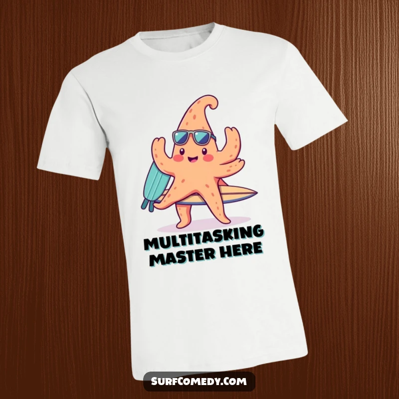 Funny t-shirt showcasing a cute kawaii starfish character balancing a surfboard on its numerous arms, perfect for beach enthusiasts.