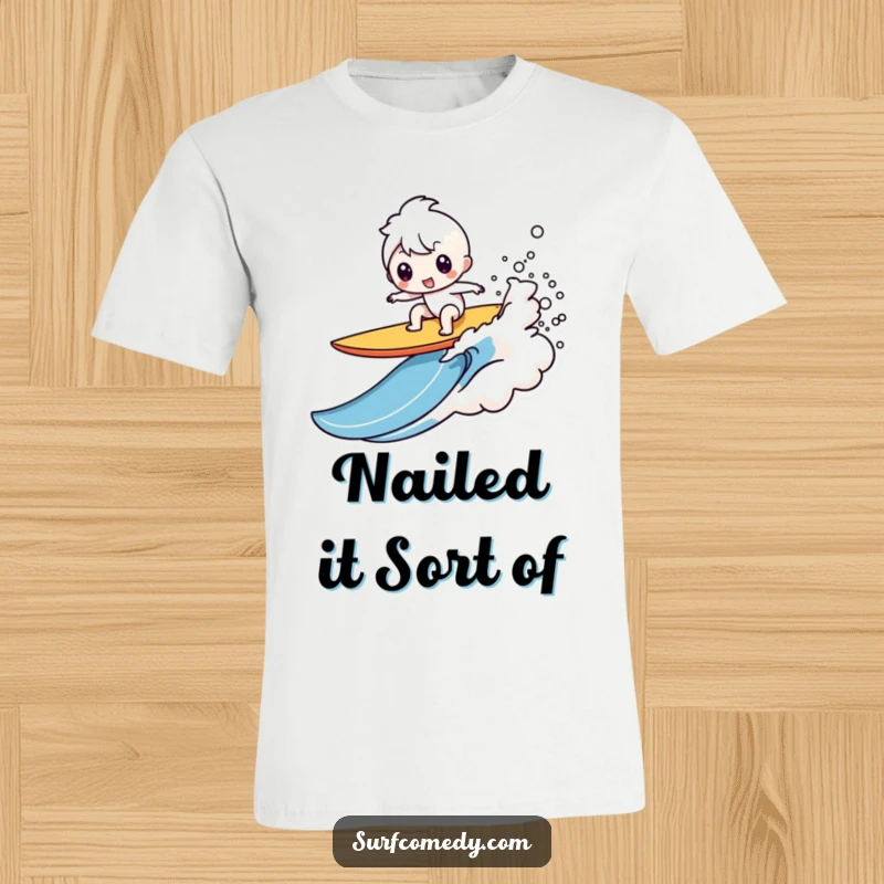 Funny Kawaii character t-shirt depicting a hilarious surfboard wipeout with a big splash, ideal for a funny beach gift.