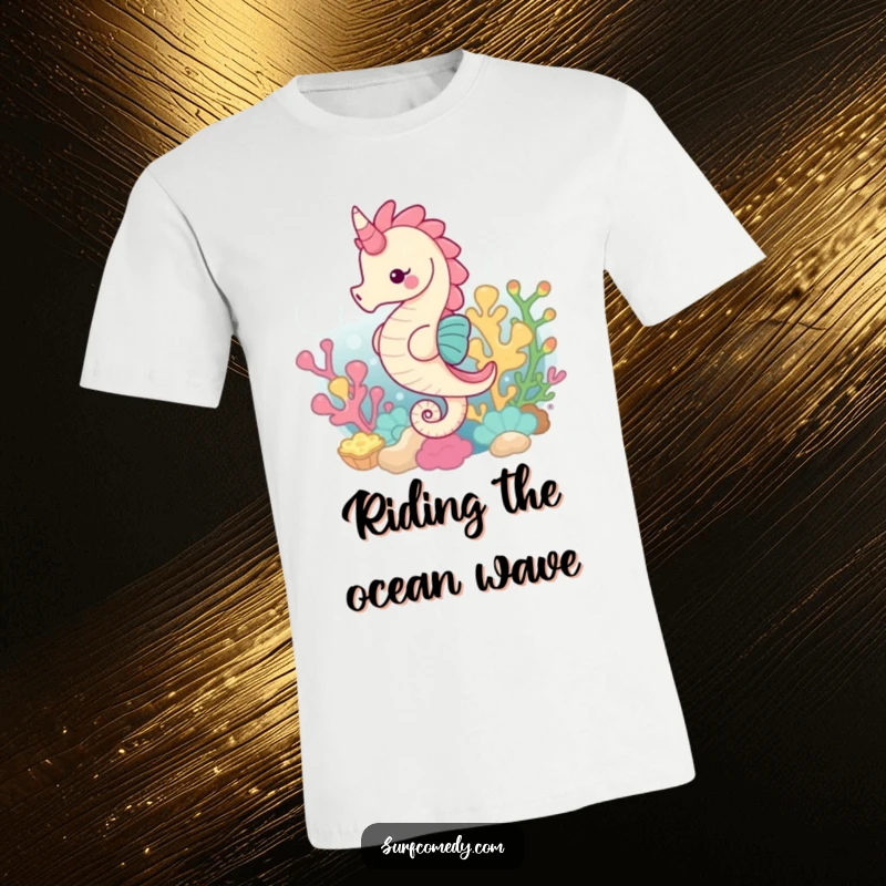 Funny t-shirt depicting a happy kawaii seahorse gracefully swimming through a vibrant and detailed coral reef.