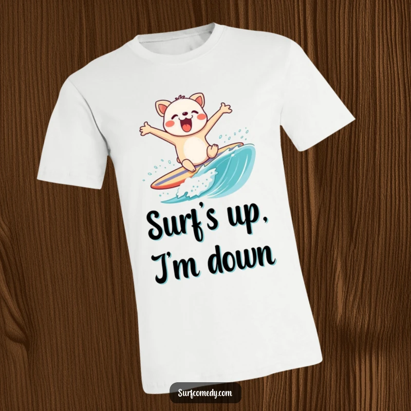 Funny t-shirt showcasing an animal character comically wiping out on a surfboard, arms flailing wildly in a humorous beach fail.