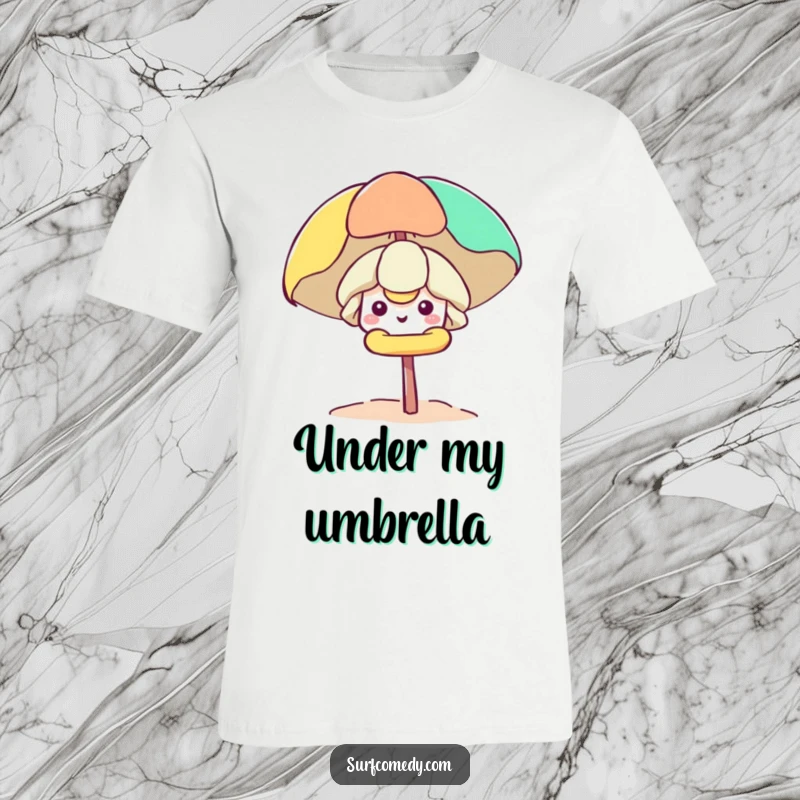 Funny Kawaii character smiling and peeking from under a beach umbrella, featured on a fun and humorous t-shirt.