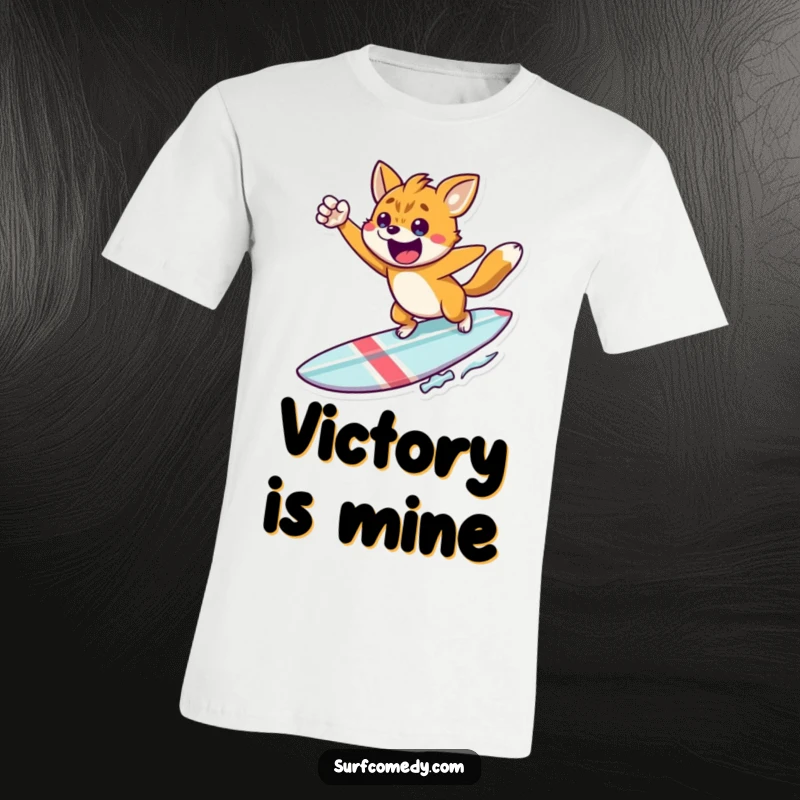 Funny champion surfer t-shirt, a determined animal in a triumphant pose after surfing, inspiring success, a great funny gift.