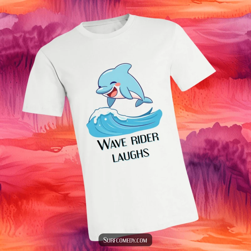 Funny laughing dolphin leaping energetically over a dynamic, splashing ocean wave, printed on a fun t-shirt.