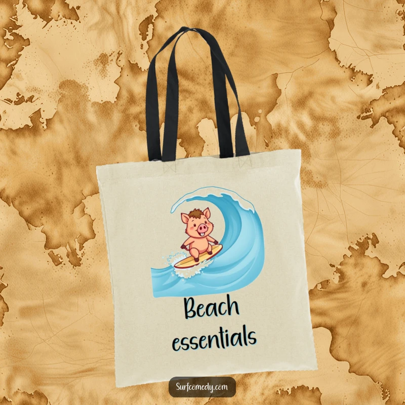 Funny Surfer Boar Tote Bag: A happy boar character surfing a curling wave with a beaming smile.