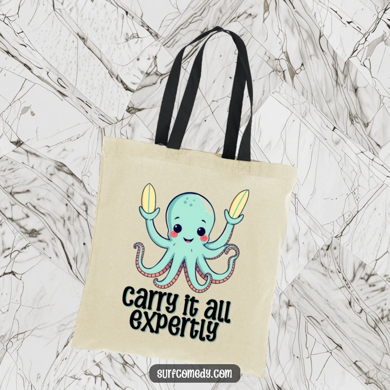 Funny octopus juggling three surfboards with its tentacles, printed on a sturdy tote bag.