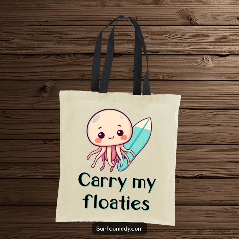 Funny kawaii jellyfish floating nearby a surfboard, charming and practical funny tote bag.