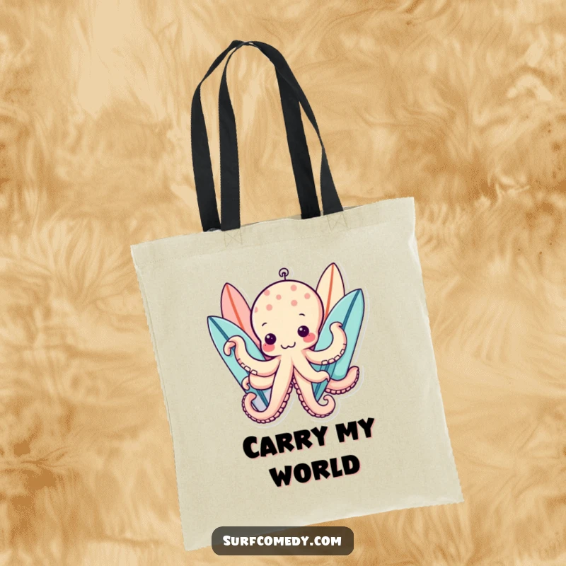 Funny kawaii octopus character with many tentacles, carrying multiple surfboards, functional funny tote bag.