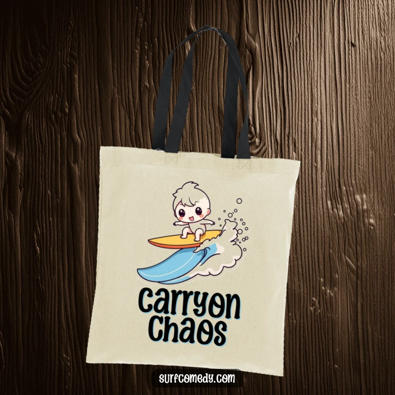 Funny Kawaii character tote bag showing a comical surfboard wipeout with a splash, perfect for a funny beach gift.