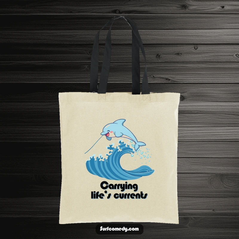 Funny tote bag depicting a happy dolphin leaping exuberantly over a large, stylized ocean wave, ideal for beach or daily use.