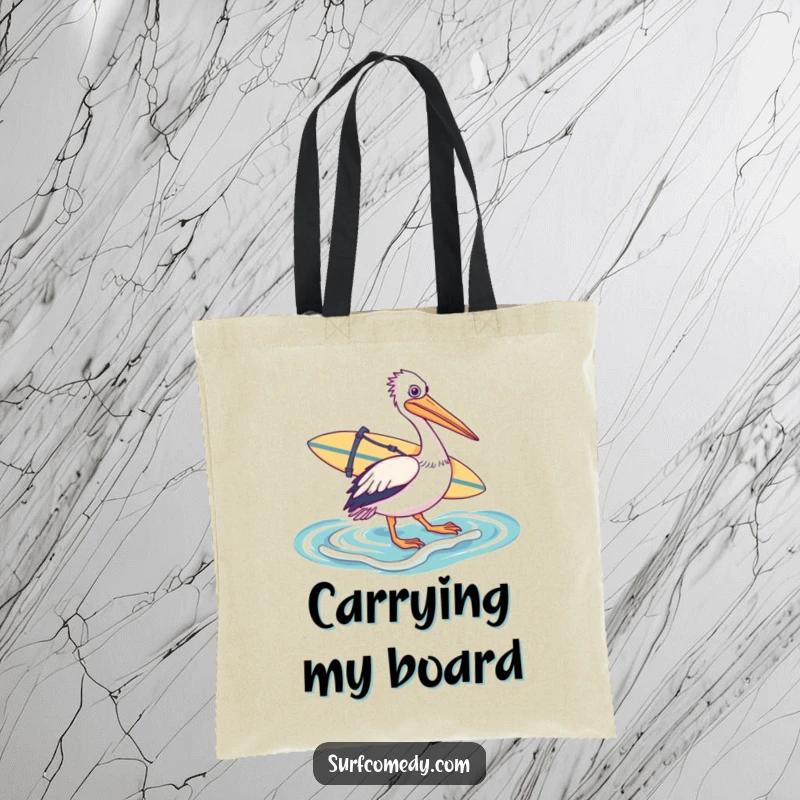 Funny tote bag with a pelican carrying a surfboard, heading into the ocean, perfect for beach trips with a splash of humor.