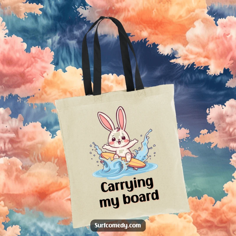 Funny rabbit surfer wiping out in a water splash on a tote bag, perfect for beach trips and carrying essentials humorously.